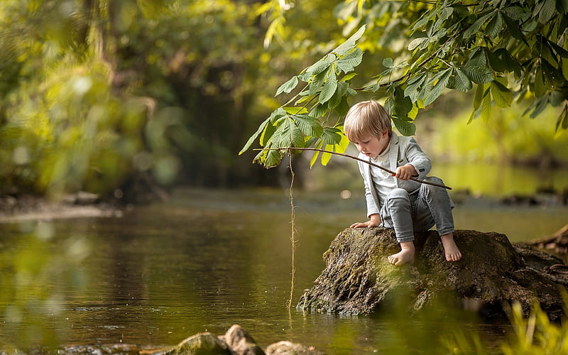 Boy Fishing, water, river, boy, fishing, HD wallpaper