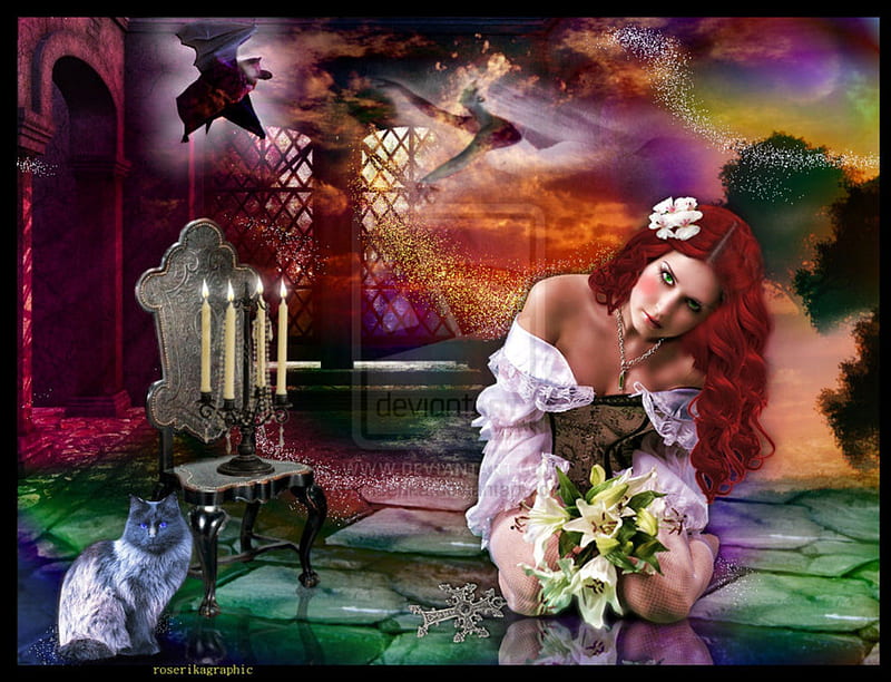~Gothic Holda~, pretty, redhead, women, fantasy, gothic, manipulation, emotional, flowers, chair, lovely, models, premade, creative pre-made, cat, cute, fire, Holda, dress, charm, candlelight, bonito, digital art, hair, bat, people, girls, animals, female, lilies, candles, bouquet, candlesticks, dark, backgrounds, lady, HD wallpaper