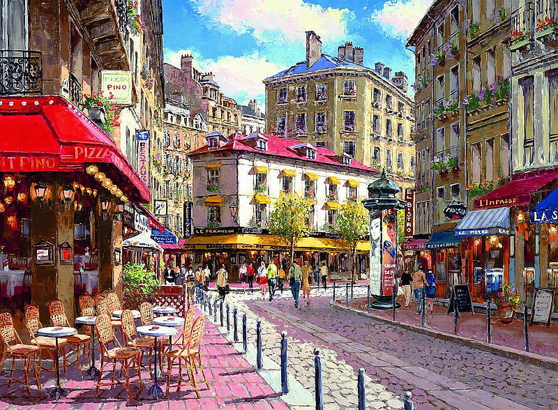 Quaint Shops, city, restaurant, houses, people, chairs, painting, street, artwork, tables, HD wallpaper