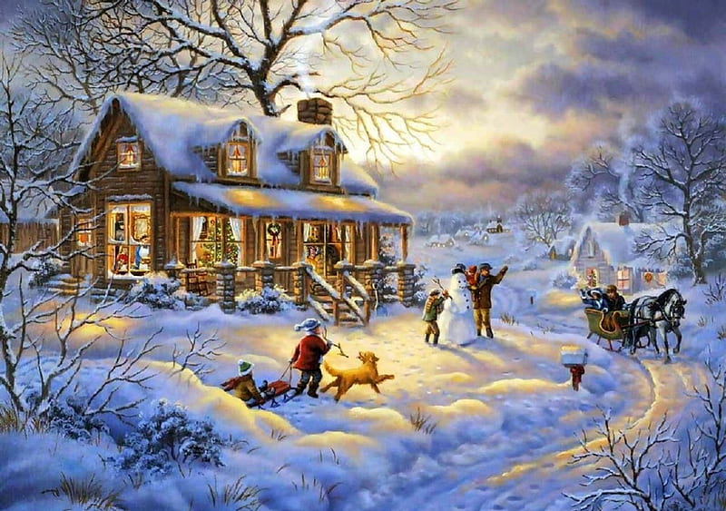 Christmas Family, Christmas, family, draw and paint, holidays, lovely, houses, colors, love four seasons, bonito, snowman, xmas and new year, winter, greetings, paintings, snow, happy holidays, HD wallpaper