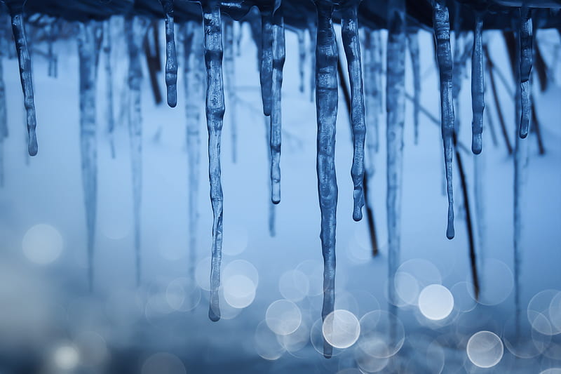 icicles, ice, winter, glare, bokeh, frozen, HD wallpaper