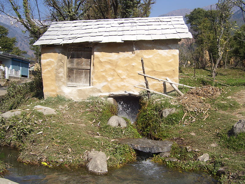 the pahari flour-mill, himachal, village, water, mill, HD wallpaper