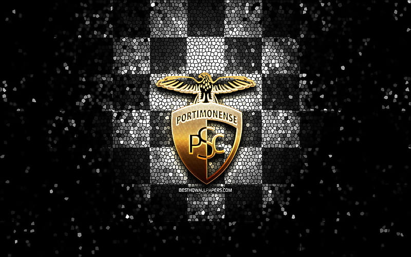 Portimonense FC, glitter logo, Primeira Liga, black white checkered background, soccer, portuguese football club, Portimonense logo, mosaic art, football, Portimonense SC, HD wallpaper