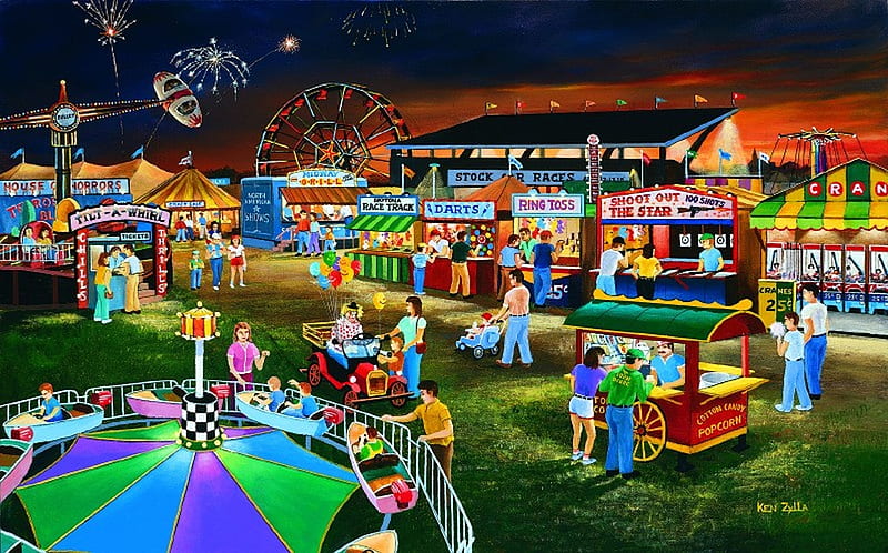 Evening at the country fair, amusment park, fantasy, fireworks, people, HD wallpaper