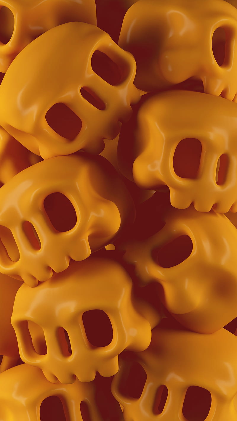 Yellow skulls, 3d, 3d art, yellow, bones, calaveras, cinema 4d, cool, background, guay, huesos, illustration 3d, octane, sg, skull, HD phone wallpaper