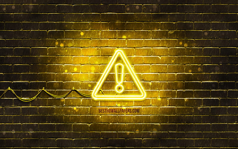 Caution neon icon yellow background, neon symbols, Caution, creative, neon icons, Caution sign, warning signs, Caution icon, warning icons, HD wallpaper