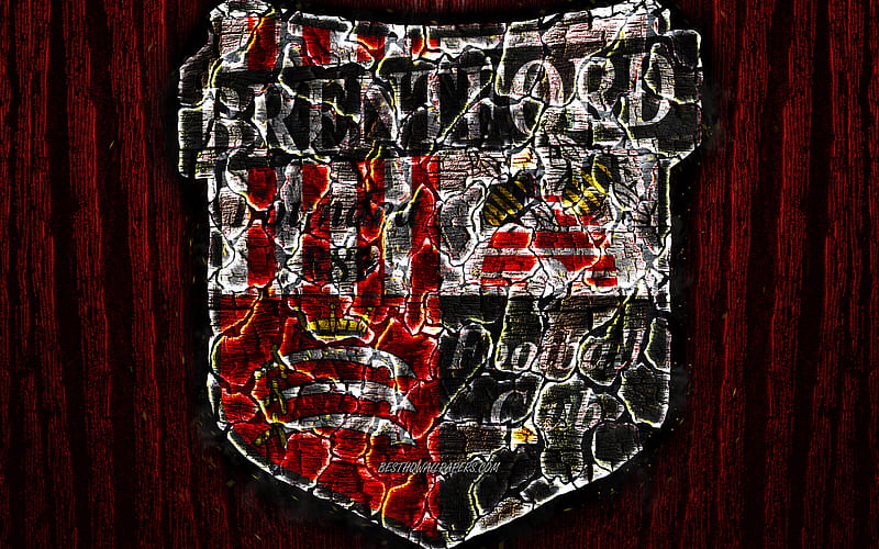 Brentford, scorched logo, Championship, red wooden background, english football club, Brentford FC, grunge, football, soccer, Brentford logo, fire texture, England, HD wallpaper