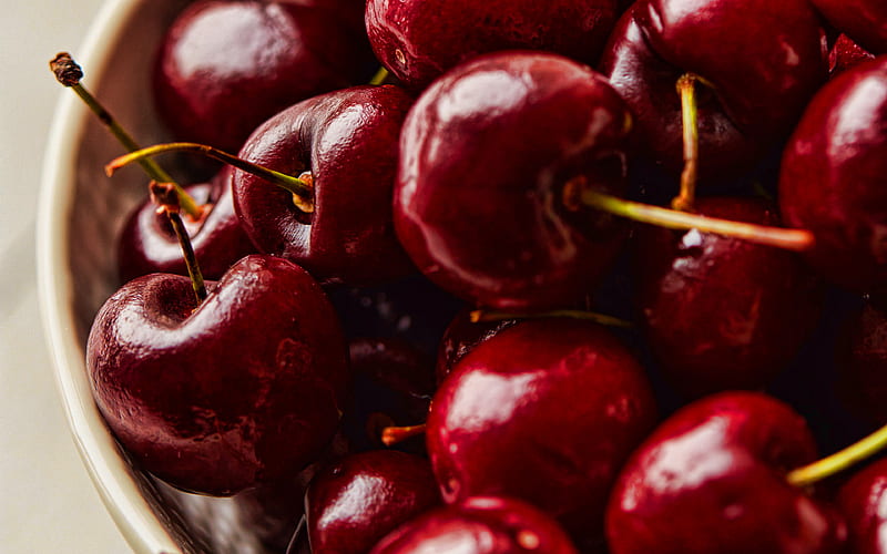 cherry fruits, close-up, ripe cherry, macro, background with cherry, HD wallpaper