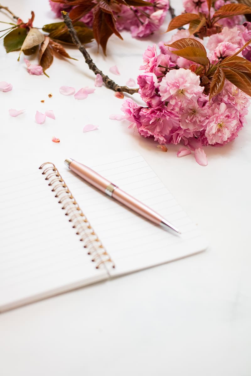 pen, notepad, flowers, white, aesthetics, HD phone wallpaper