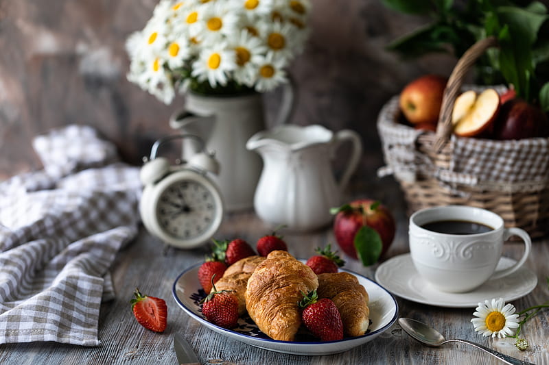 Food, Breakfast, Berry, Coffee, Croissant, Fruit, Strawberry, Viennoiserie, HD wallpaper