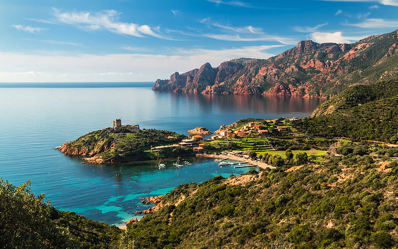 Orange cliffs, sea, bay, Corsica, France, Europe, HD wallpaper