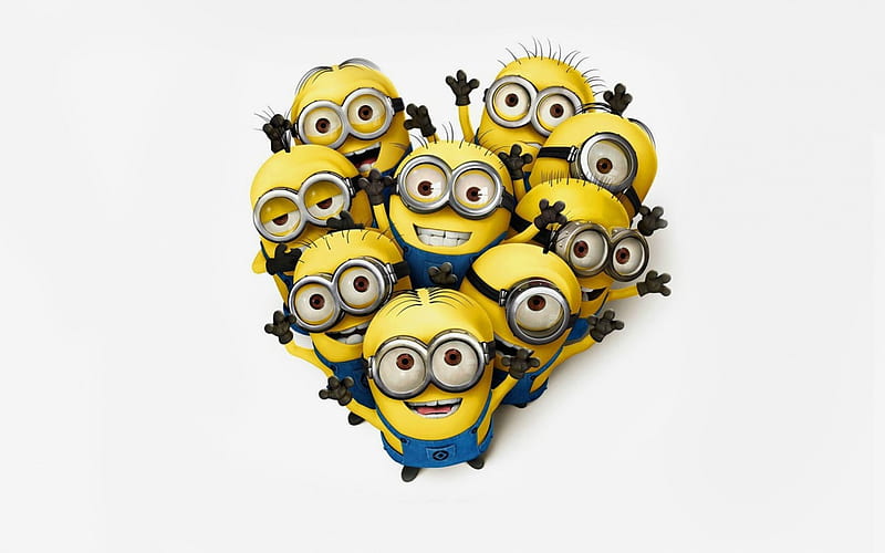 Minions, animation, heart, yellow, funny, white, blue, HD wallpaper