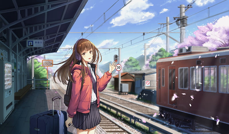 anime girl with brown hair and brown eyes and headphones