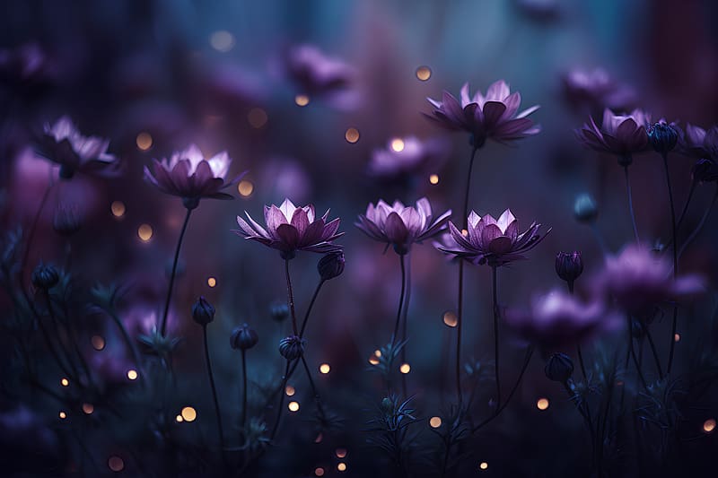 Beautiful purple Cosmos, Flowers, Blooming, Meadow, Night, HD wallpaper
