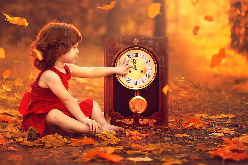 Little Girl, kid, clock, autumn, time, HD wallpaper