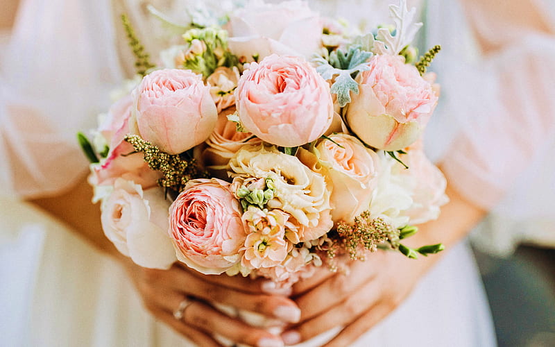 bridal bouquet, pink roses, wedding bouquet, bride, wedding concepts, bouquet of roses, HD wallpaper
