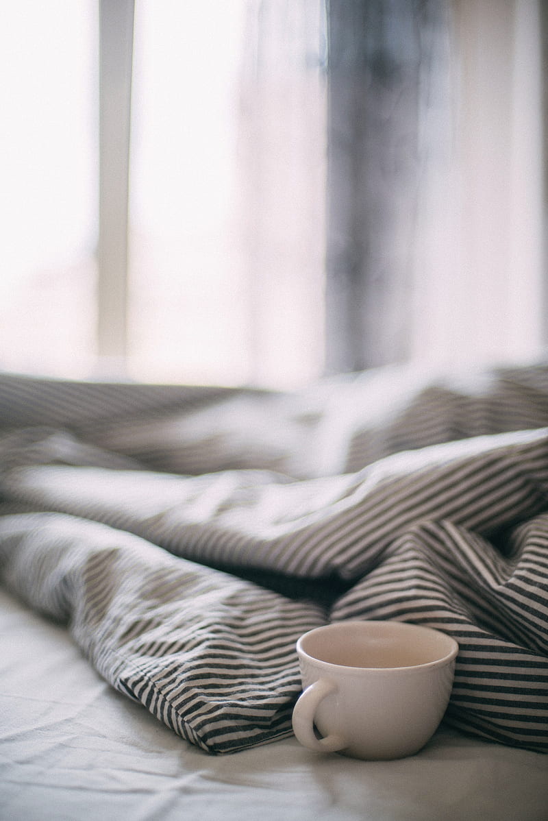 cup, bed, white, morning, HD phone wallpaper