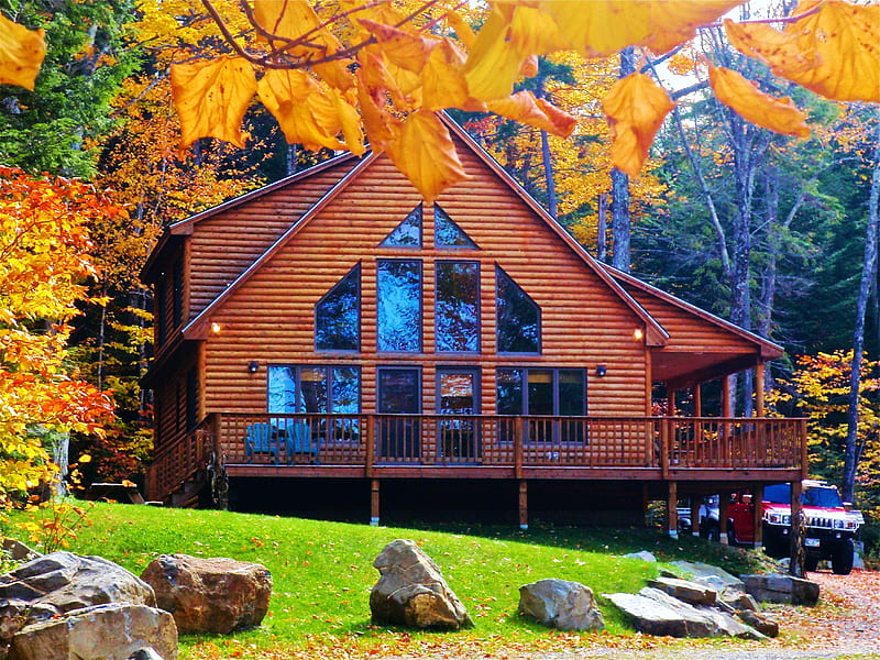 Log Cabin in Autumn, leaves, stones, house, trees, colors, HD wallpaper