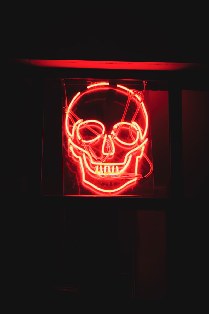 skull, neon, glow, dark, HD mobile wallpaper