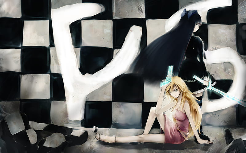 Panty & Stocking, panty and stocking with garterbelt, anime girls, blonde hair, panty and stocking, checkered wall, weapons, gun, stockings, anarchy panty, anarchy stocking, belt, anime, hair bow, long hair, sword, black hair, HD wallpaper