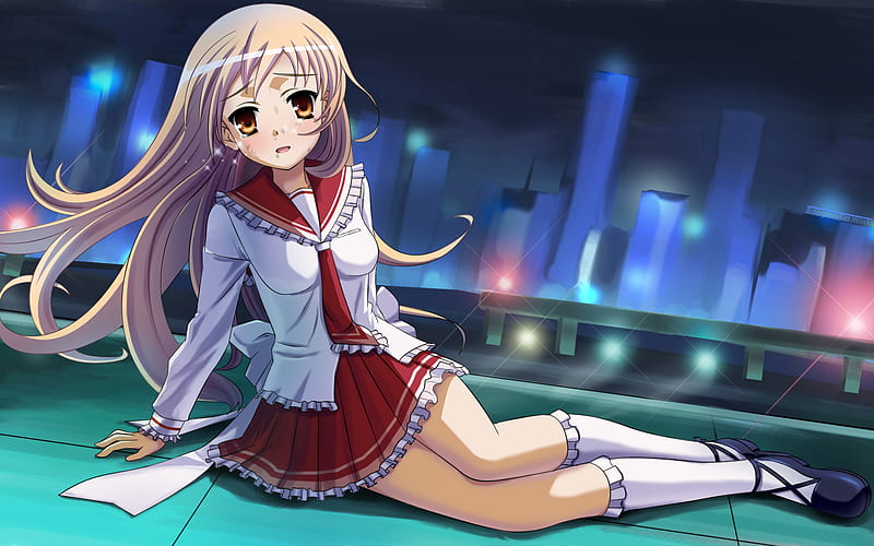 night time tears, pretty, helicopter lights, blonde, school un iform, roof top, cute, city, air, anime, night, HD wallpaper