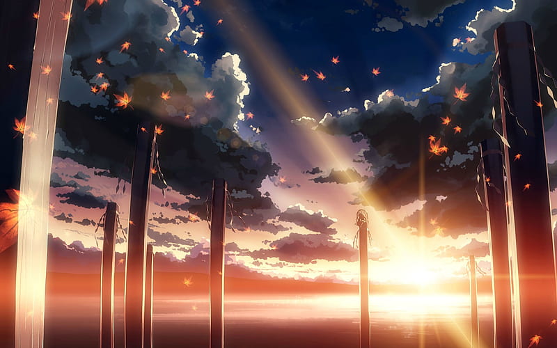 anime landscape, sunset, scenic, clouds, lens flare, Anime, HD wallpaper
