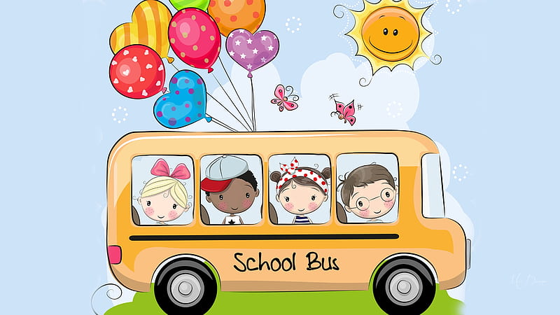School Bus, cartoons, children, bus, cute, school, balloons, sunshine,  Firefox Persona theme, HD wallpaper | Peakpx