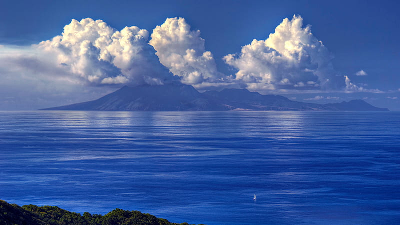 Blue Seascape, deep, mountains, clouds, sea, blue, sail, HD wallpaper