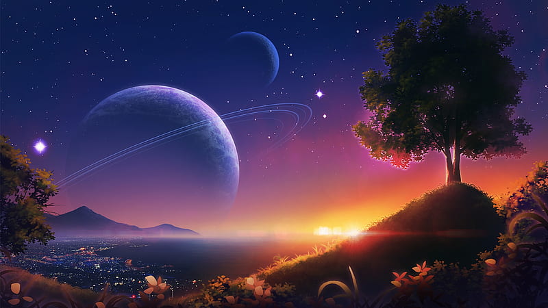 anime night scene, planets, sky, stars, scenic, Anime, HD wallpaper