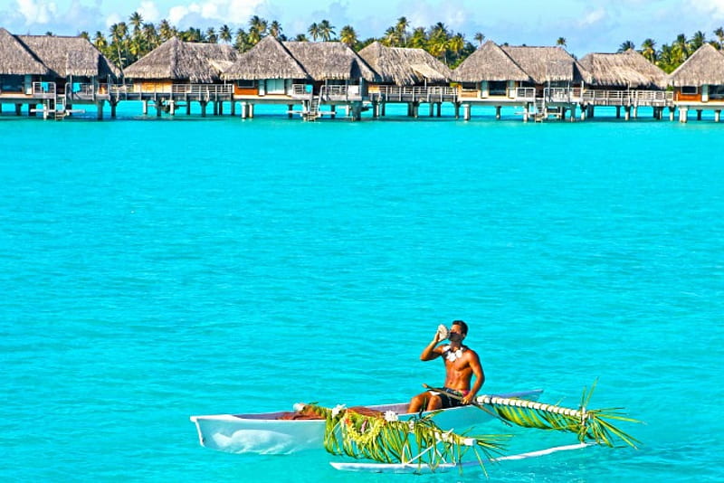 Polynesian Tahitian man blowing conch shell in canoe on perfect blue lagoon in Bora Bora French Polynesia, polynesia, resort, french, retreat, bungalow, lagoon, boat, bungalows, blowing, maori, tahitian, ocean, pacific, man, conch, south, water, society, paradise, hawaiian, float, seas, southseas, canoe, villa, sea, bora bora, tribal, polynesian, blue, exotic, blow, shell, local, tropical, tahiti, villas, HD wallpaper