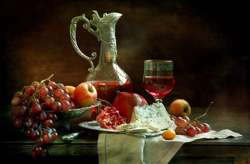 The Chalice, grapes, still life, cheese, wineglass, chalice, tablescarf, HD wallpaper