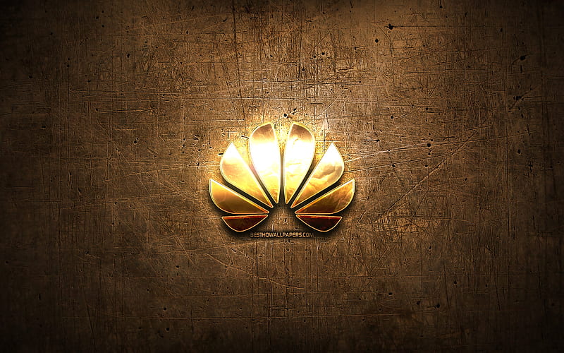 Huawei golden logo, artwork, brown metal background, creative, Huawei logo, brands, Huawei, HD wallpaper