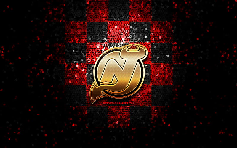 New Jersey Devils, glitter logo, NHL, red black checkered background, USA, american hockey team, New Jersey Devils logo, mosaic art, hockey, America, HD wallpaper
