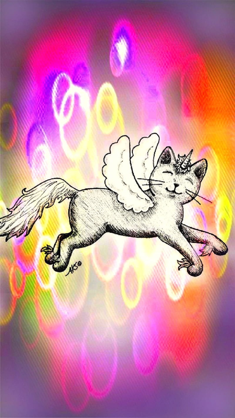 Anime Alicorn art, cartoon, circle, fly, glow, kitty, neon, patterns, pegasus, unicorn, winged cat, HD phone wallpaper
