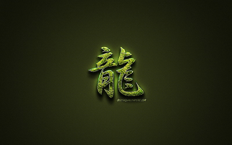 Dragon Kanji hieroglyph, green floral symbols, Dragon Japanese Symbol, japanese hieroglyphs, Kanji, Japanese Symbol for Dragon, grass symbols, Dragon Japanese character, HD wallpaper