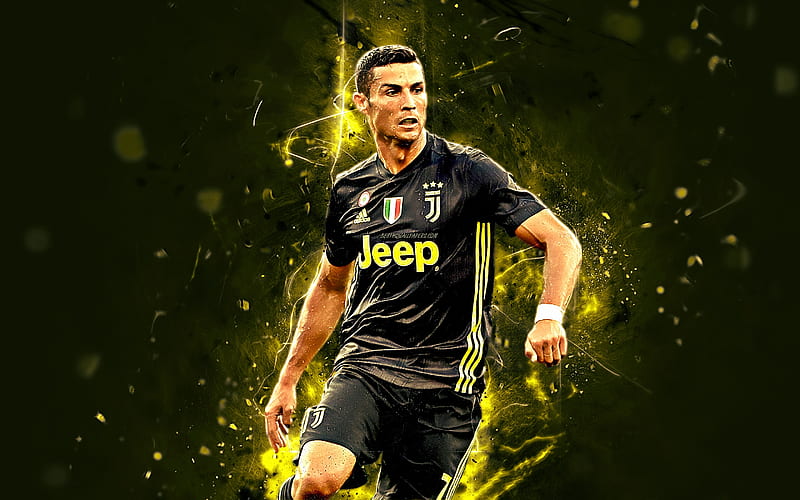 CR7, Ronaldo, black uniform, Juventus FC, Bianconeri, portuguese footballers, abstract art, soccer, Serie A, Cristiano Ronaldo, neon lights, CR7 Juve, HD wallpaper