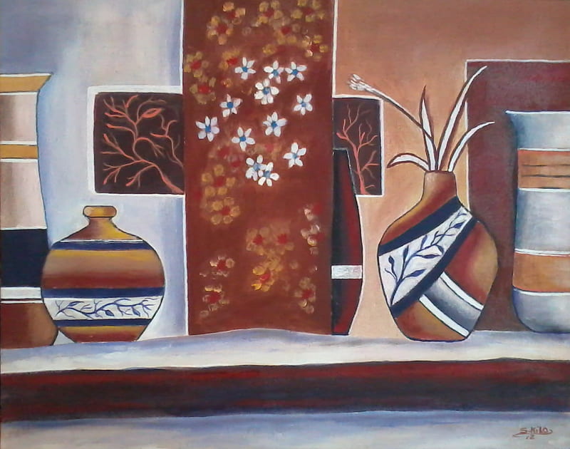 oil painting by saad kilo, still life, canvas, window, vases, HD wallpaper