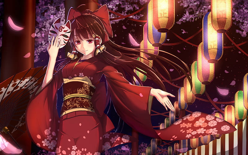 Festival night, red, lantern, girl, anime, manga, kimono, mask, HD wallpaper