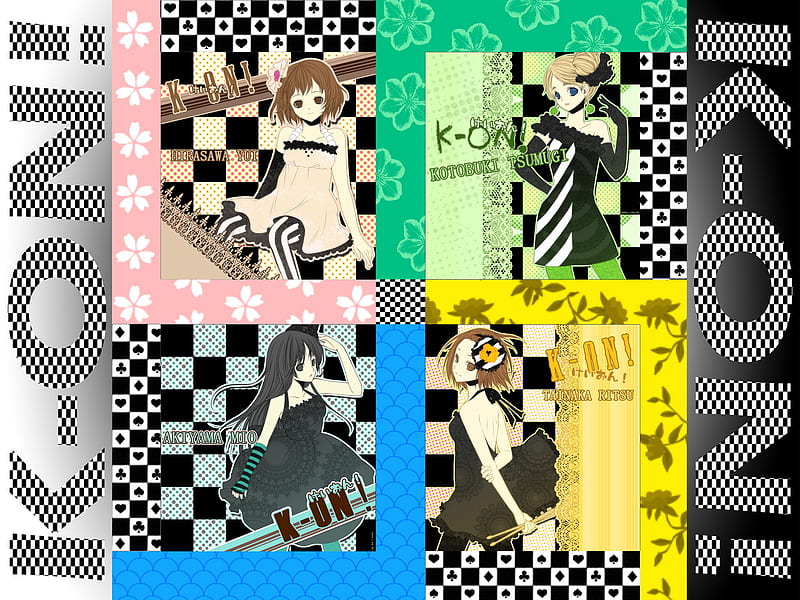 K-On!, nodoka, colourful, hirasawa, anime, manabe, yamanaka, yui, girls, sawako, checkerboard, mio, tsumugi, ritsu, nakano, balck, tainaka, white, kotobuki, HD wallpaper