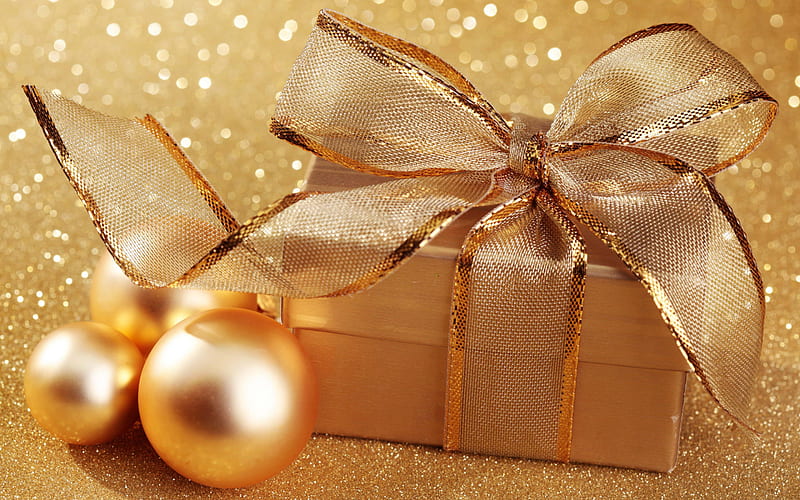Golden Christmas Background, Happy New Year, Christmas, Golden Gift Box, Golden Silk Bow, Golden Christmas Balls, HD wallpaper