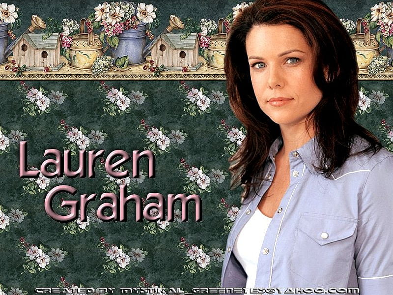 Lauren Graham, female, actress, blue shirt, nice wall, blue eyes, black hair, HD wallpaper