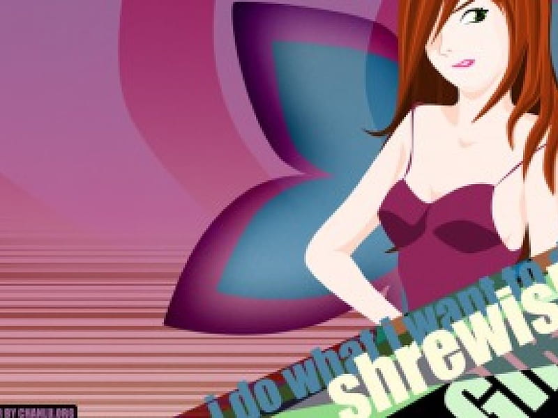 Shrewish Girl, brunette, art, purple, flower, labled, blue, vector, HD wallpaper