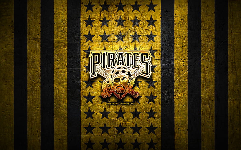 Pittsburgh Pirates flag, MLB, yellow black metal background, american baseball team, Pittsburgh Pirates logo, USA, baseball, Pittsburgh Pirates, golden logo, HD wallpaper