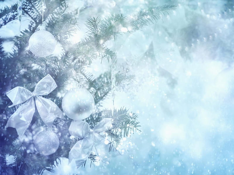 Elegant Decoration, pretty, christmas, decoration, bow, bauble, winter, sparkle, tree, snow, ornament, blue, HD wallpaper