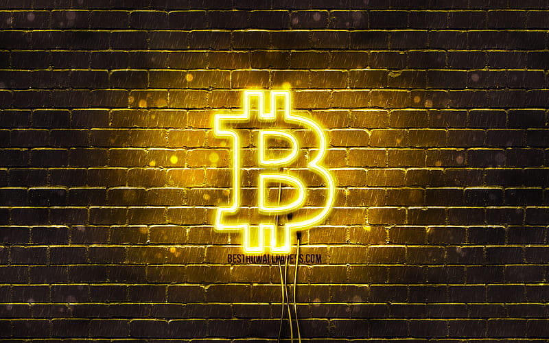 Bitcoin yellow logo yellow brickwall, Bitcoin logo, cryptocurrency, Bitcoin neon logo, Bitcoin, HD wallpaper