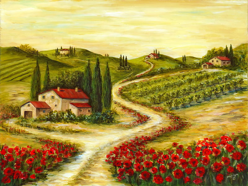 Tuscan road, hills, art, Italy, poppies, town, bonito, tuscan, que, painting, flowers, village, road, HD wallpaper
