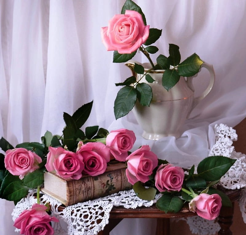 Roses, table, book, vase, decor, still life, flowers, arrangement, petals, white, pink, HD wallpaper