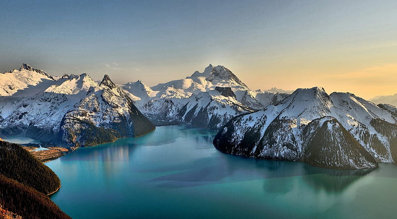 Sunrise At Garibaldi Lake, forest, alpine lake, turquoise waters, bonito, British Columbia, morning calm, Canada, mountains, snowy peaks, HD wallpaper