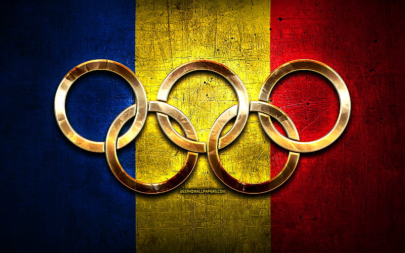 Romanian olympic team, golden olympic rings, Romania at the Olympics, creative, Romanian flag, metal background, Romania Olympic Team, flag of Romania, HD wallpaper