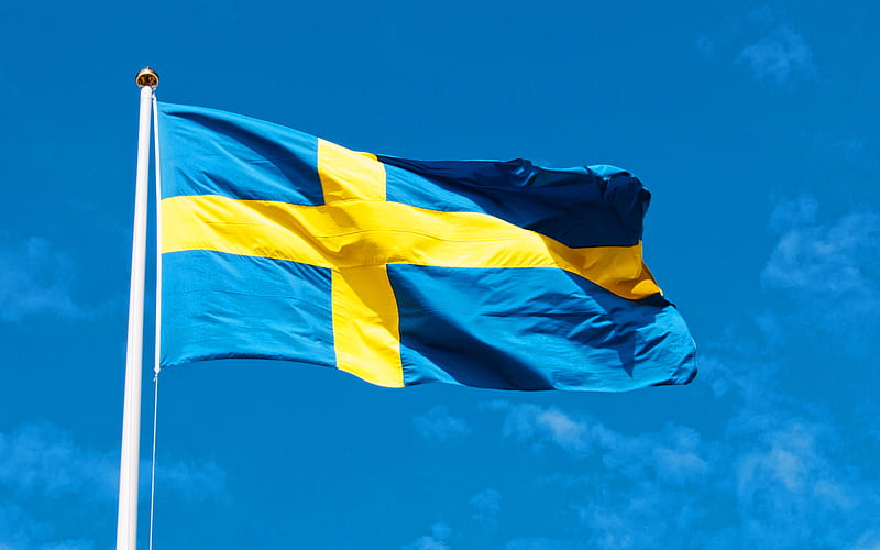 Flag of Sweden on a flagpole, Swedish flag, flag of Sweden, flagpole, blue sky, Sweden, HD wallpaper
